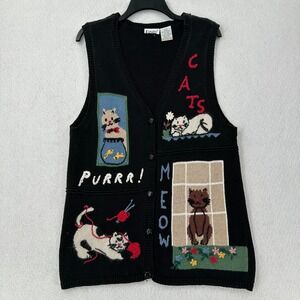Vintage Cat Sweater Vest Capacity LARGE‎ Knit Ramie Cotton Kitty Teacher